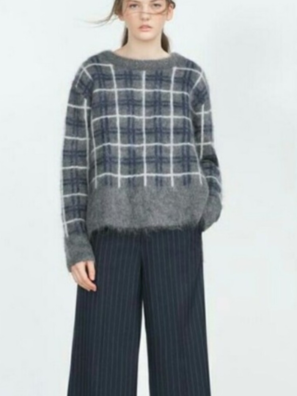 Zara Gray & Navy Plaid Mohair Crewneck Sweater